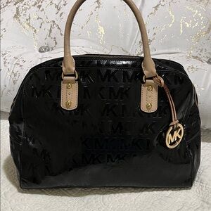 Michael Kors Glossy Black Satchel with Tan Handles